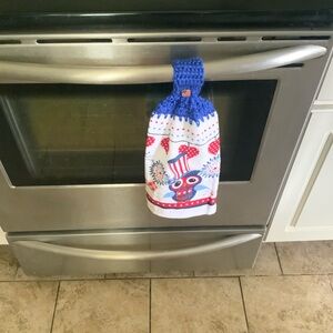 Patriotic Owl Kitchen Towel with Blue Crochet Top